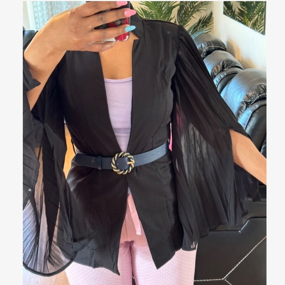 Classic Black Pleated Split Sleeve Open Front Blazer - Picture 2 of 7